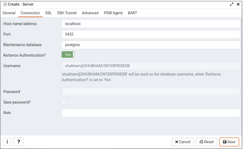 The Connection tab of the Create – Server dialog