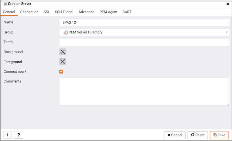 The General tab of the Create – Server dialog