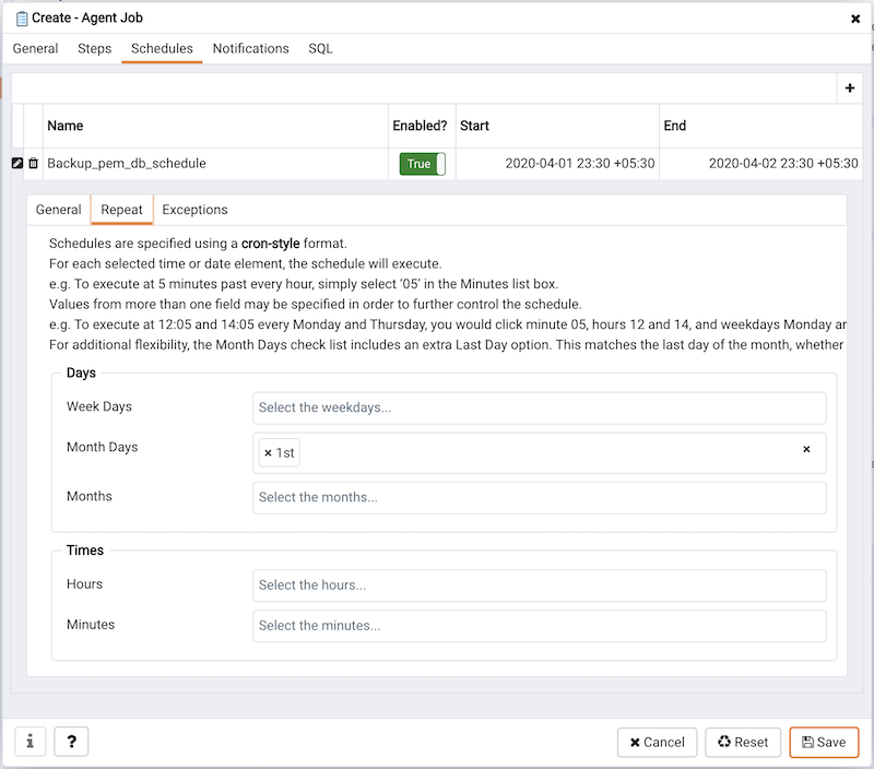 PEM scheduled job dialog schedule repeat tab