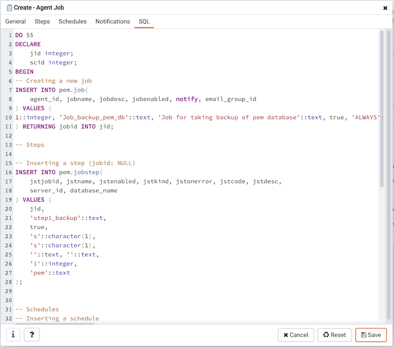 PEM scheduled job SQL tab