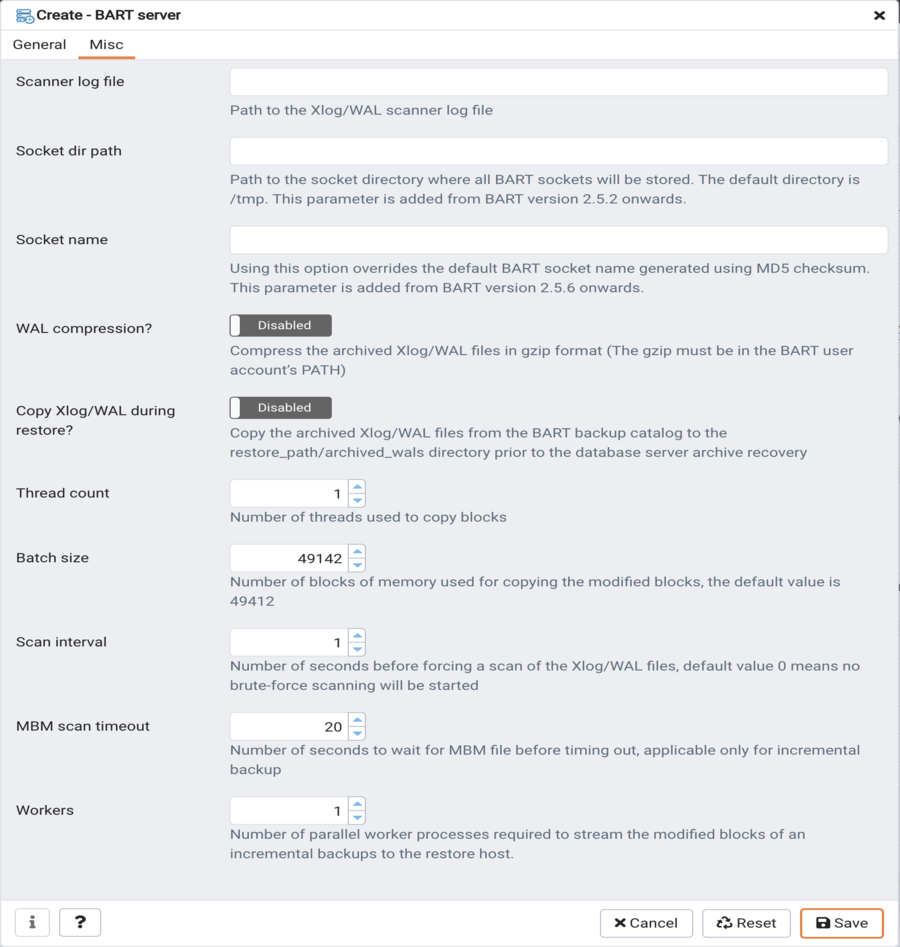 Create BART server dialog - Misc tab