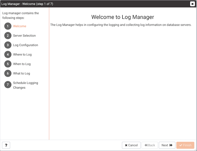 The Log Manager welcome dialog
