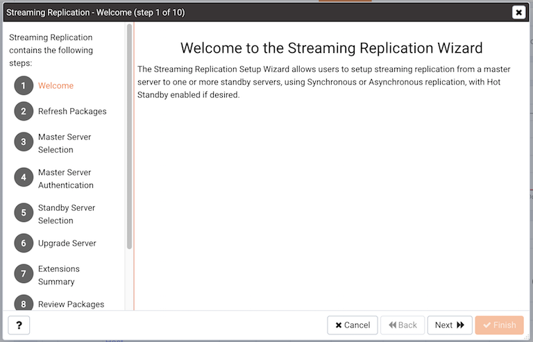The Streaming Replication wizard's Welcome window