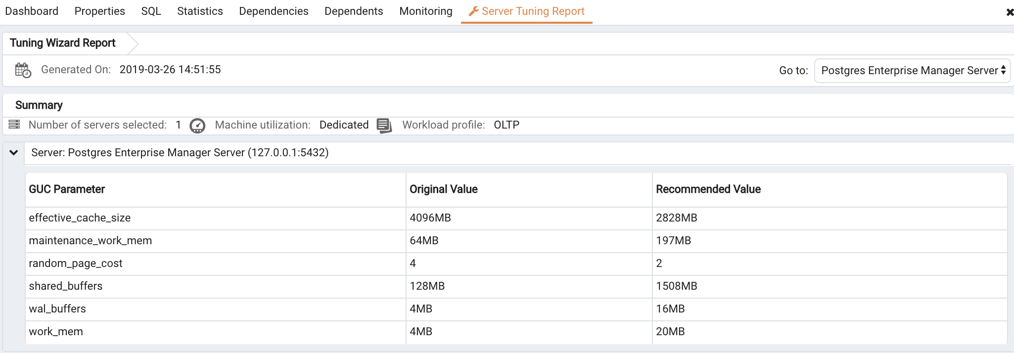 The Tuning Wizard report