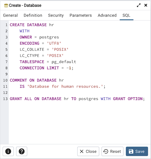 データベースダイアログのSQLタブ