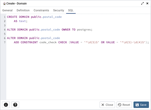 ドメインダイアログのSQLタブ