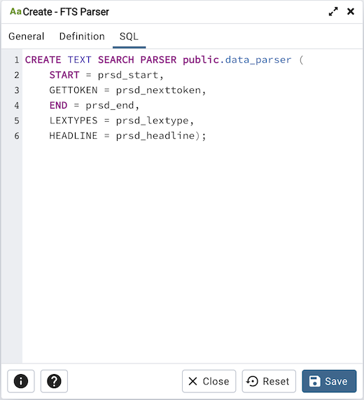 FTSパーサーダイアログのSQLタブ