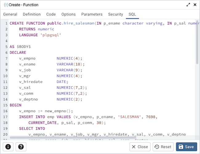 関数ダイアログのSQLタブ