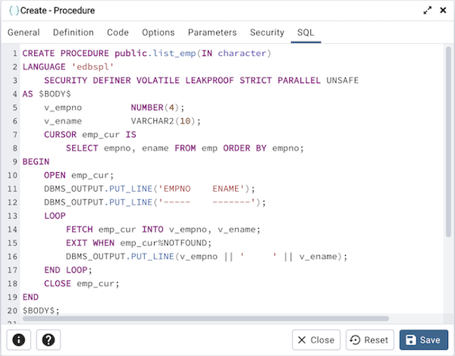 プロシージャーダイアログのSQLタブ