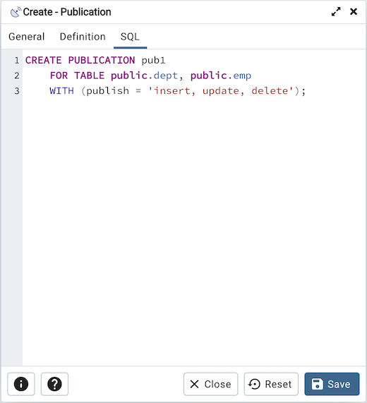 パブリケーションダイアログのSQLタブ