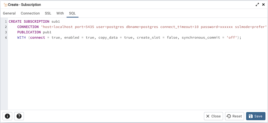 サブスクリプションダイアログのSQLタブ