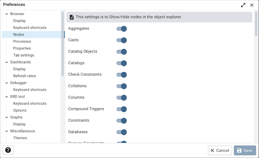Preferences dialog browser nodes section