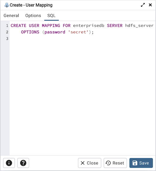 ユーザーマッピングダイアログのSQLタブ