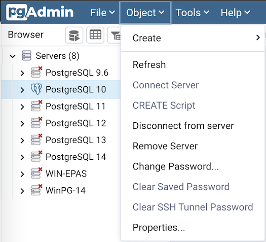 pgAdminオブジェクトメニューバー