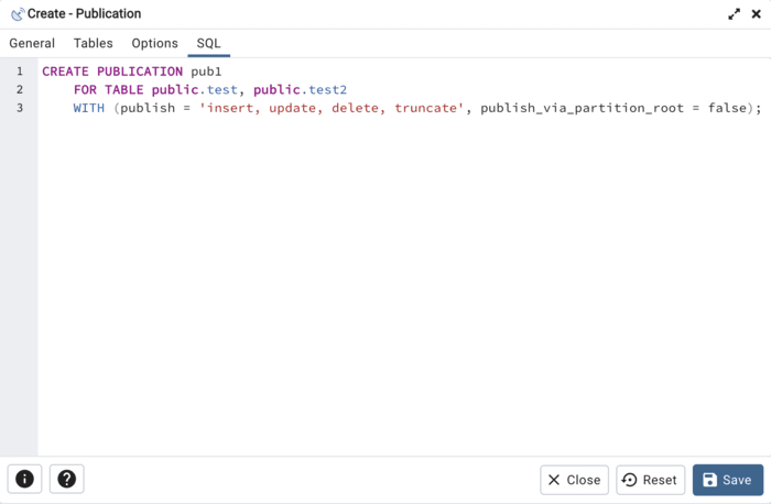 パブリケーションダイアログSQLタブ