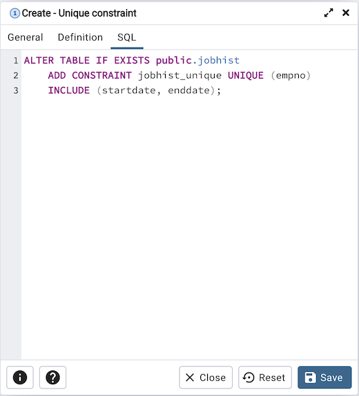 UniqueConstraintダイアログのsqlタブ