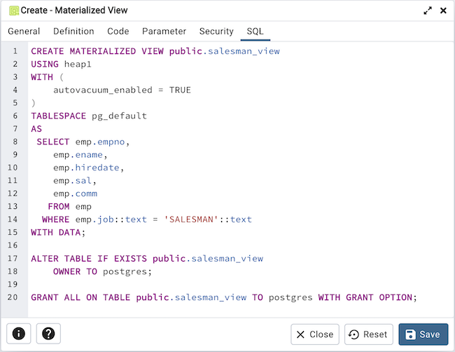 マテリアライズドビューダイアログのSQLタブ