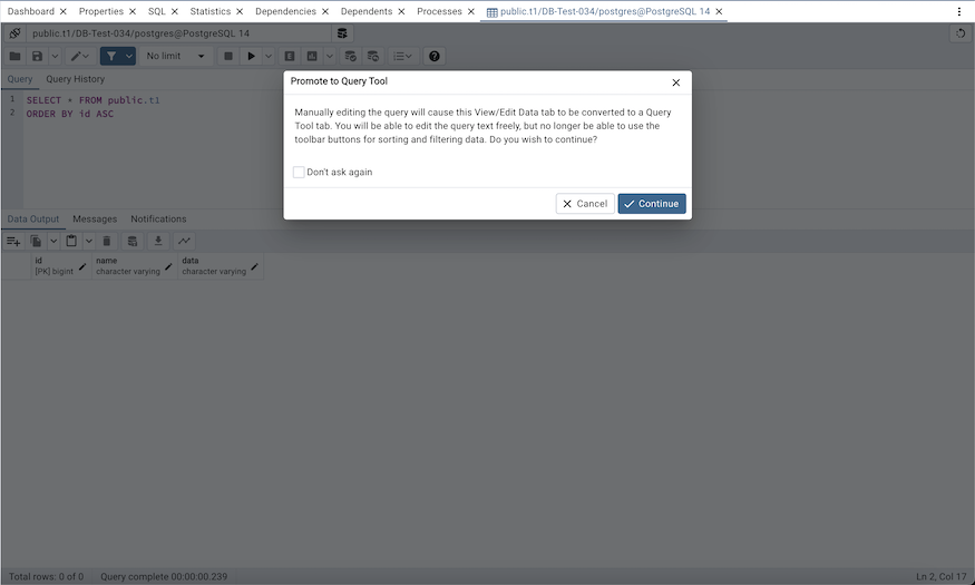 [View/EditData]タブを[QueryTools]タブに昇格する警告