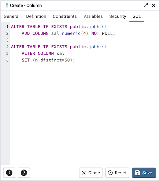 列ダイアログのSQLタブ