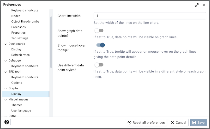 [設定]ダイアログのダッシュボードグラフオプション
