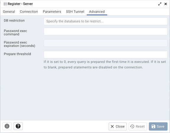 Serverダイアログの詳細設定タブ