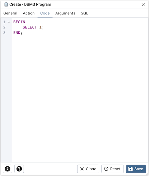DBMSプログラムダイアログのコードタブ