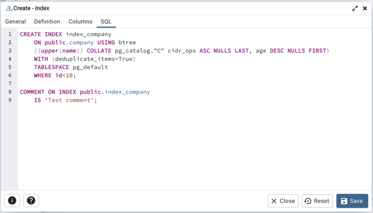 インデックスダイアログのSQLタブ