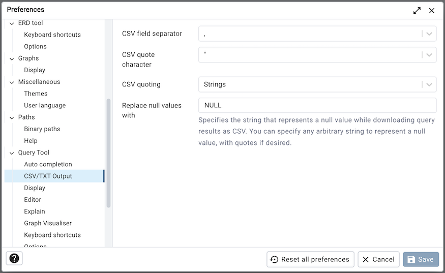 設定ダイアログsqleditor csv出力オプション