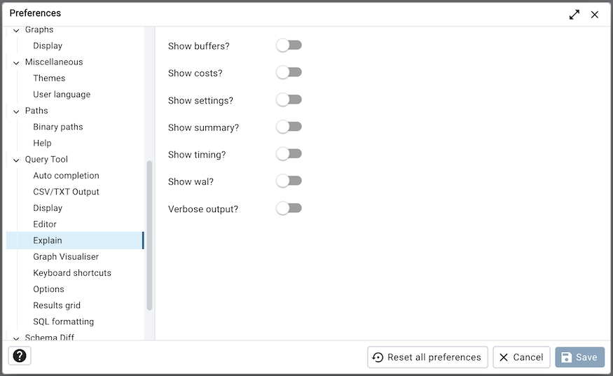 設定ダイアログsqleditor Explainオプション