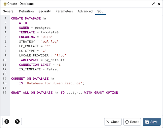 データベースダイアログのSQLタブ