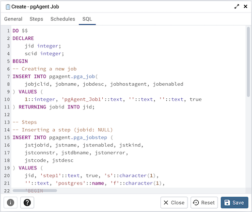 pgAgentダイアログSQLタブ