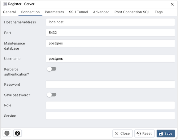 ServerダイアログのConnectionタブ